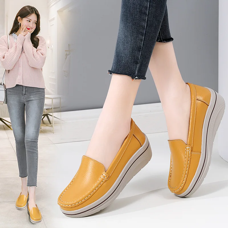 

Cowhide Women's Thick Soled Loafers Casual Leather Shoes, Fashionable Women's Vulcanized Shoes