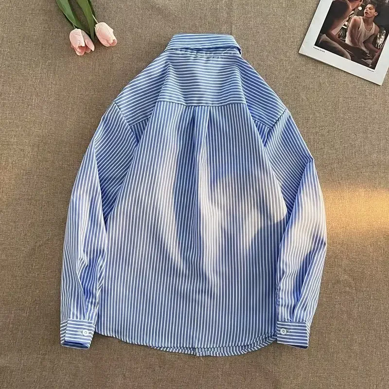 E-BAIHUI Striped Braided Shirts for Men Korean Version Chic Men Clothing Tops Spring and Autumn Japan Casual Blue Mens Shirts