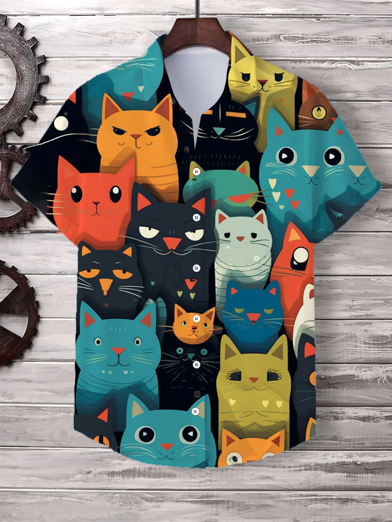 Hawaii Men\'s Shirt Cute Cartoon Cat 3D Printed Tops Casual Women Short Sleeves Shirts Button Lapel  Oversized Unisex Clothing