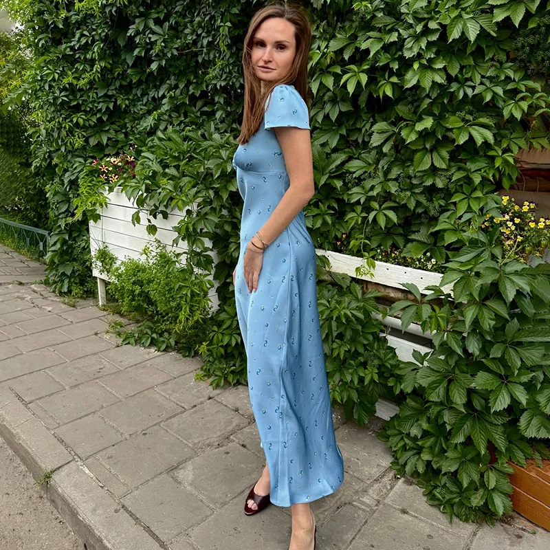 Ticketsx Sexy V Neck Long Dress Women's Short Sleeve Floral Print Waist-Cinching Dress Female Casual Vacation Elegant Slim Dress