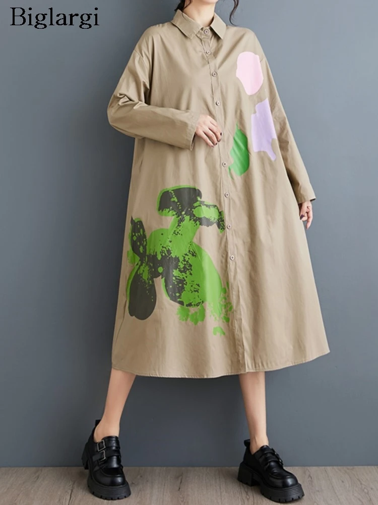 Herfst Shirt Jurk Vrouwen Graffiti Print Fashion Casual Losse Geplooide Dames Oversized Jurken Lange Mouw Vrouw Jurk