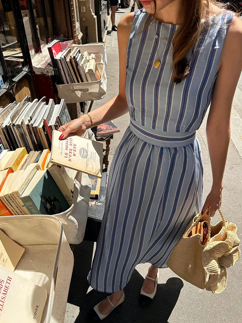 Marthaqiqi Striped Loose Ladies Nightgown Suit O-Neck Pajamas Tank Top Nightie Crop Top Sleepwear Long Skirts Casual Nightie Set