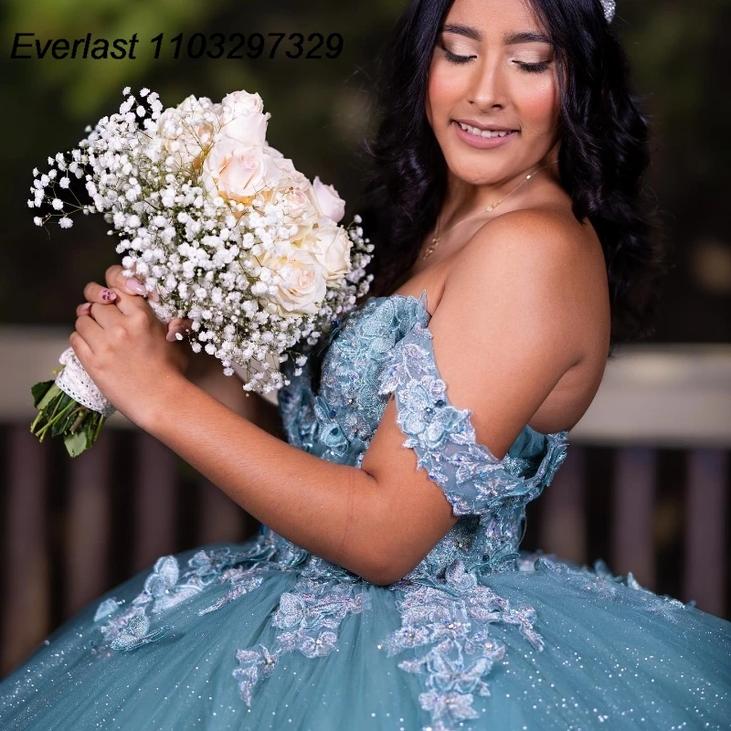 EVLAST-Robe de RhQuinceanera bleue brillante mexicaine, appliques papillon 3D, corset de perles, Sweet 16, robe de Rhéducative, TQD894