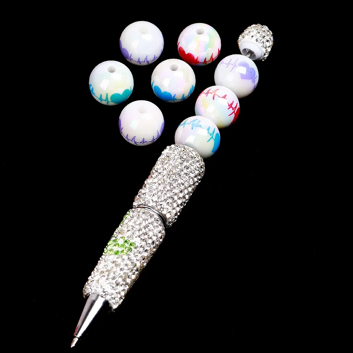 10pcs/20pcs Random Color Printed Love Electrocardiogram Round Acrylic Beads For Making Beaded Pen Bracelet Phone Chain Keychain