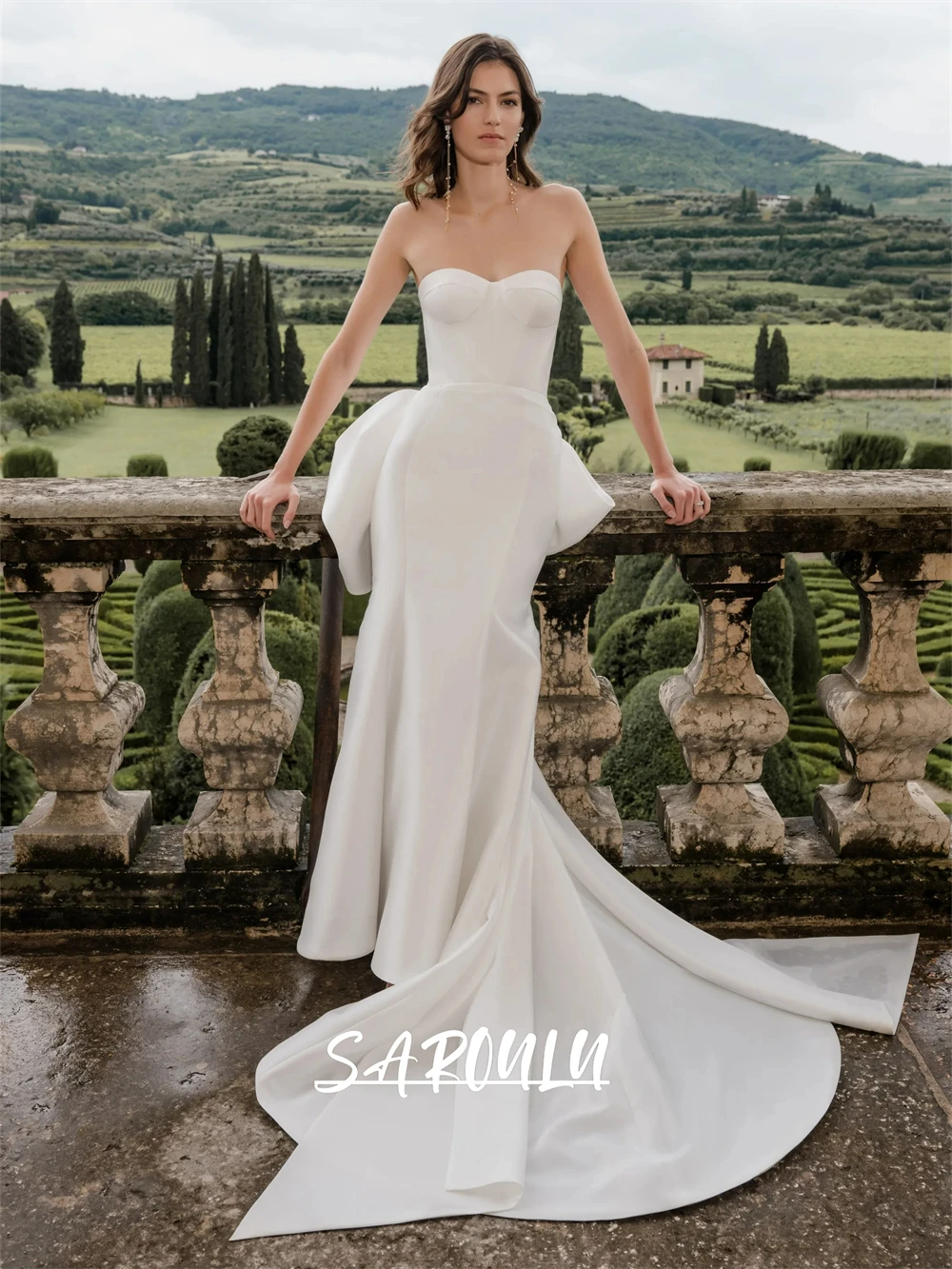 

Couture Satin Bridal Gown with Detachable Train, Sheath Long Bride Dresses, Strapless Plus Size Customized Bridal Gown