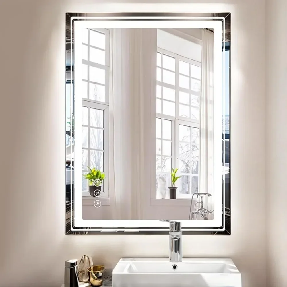 

Bathroom Mirror with Lights 36x28 Inch Anti-Fog Shatter-Proof Wall-Mounted Vanity Mirrors, 3 Dimmable Light Color Options