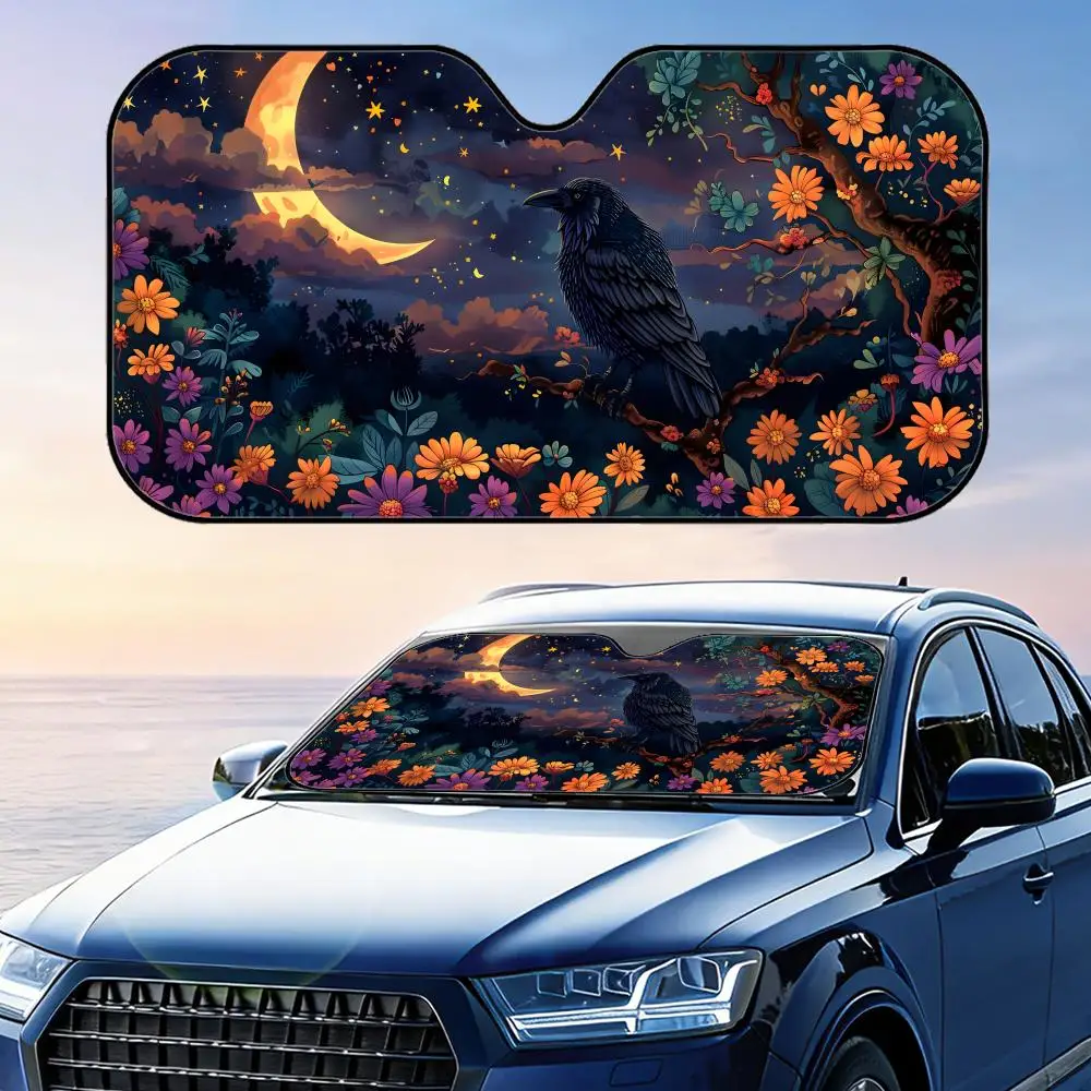 

Raven And Moon Floral Design Sun Visor Foldable Universal Car Windshield Sun Shade UV Protection Heat Insulation Foldable Cover