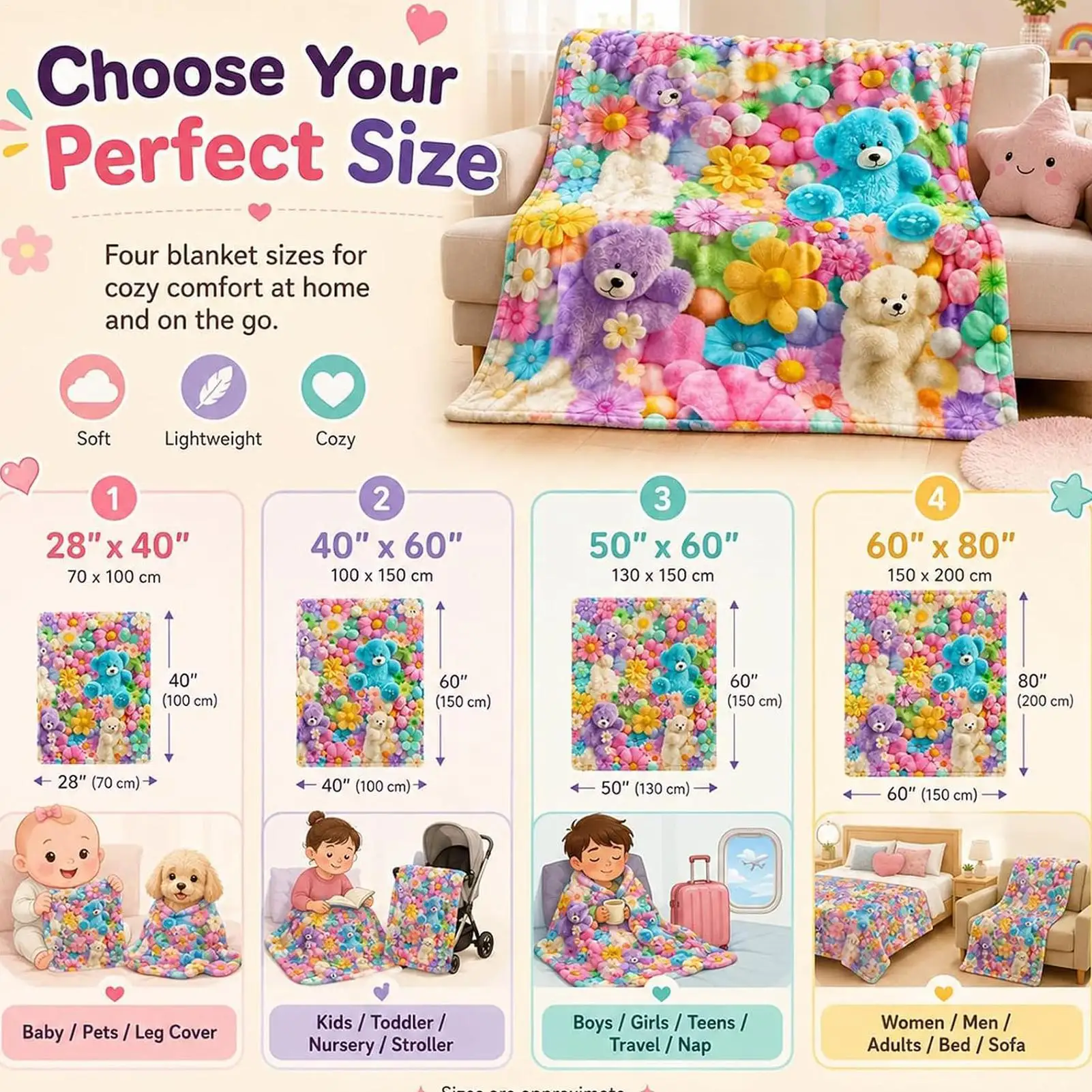 3D Fluffy Teddy Bear Floral Egg Pastel Print Flannel Blanket Soft And Comfortable All-Season Blanket Suitable Travel Blankets - view 3