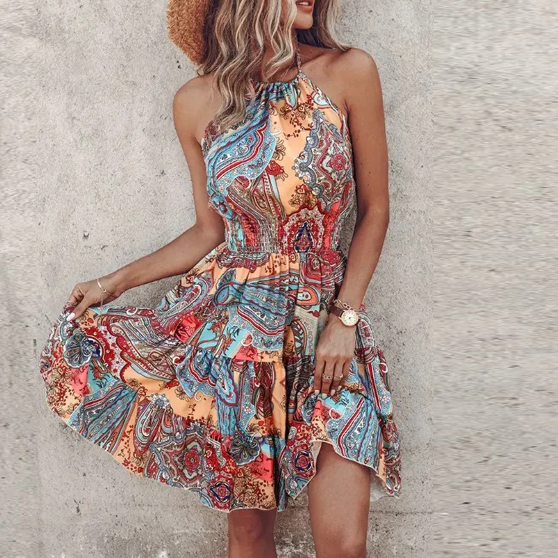 Summer Floral Print Mini Dress Women Sexy Sleeveless Halter Dresses For Women Fashion A-line Beach Short Dress Boho