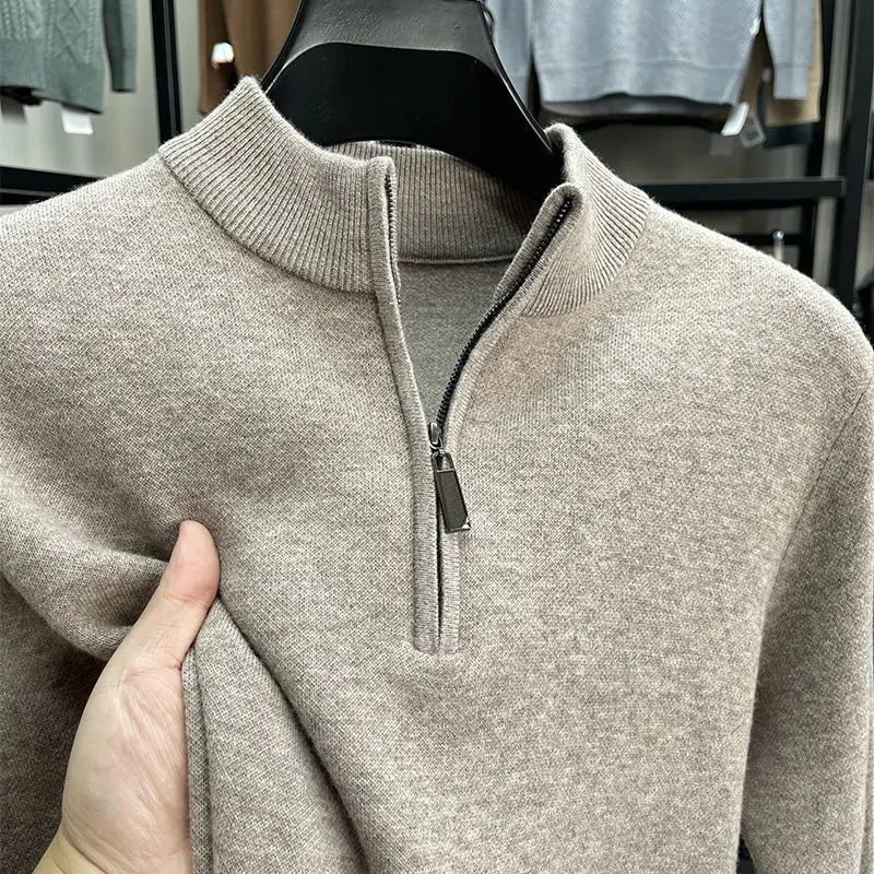 

High-End Men's Knitted Sweater Zipper Thiened f-High Collar Winter Warm Color Base Layer irt Ci Walk Cotton Blend