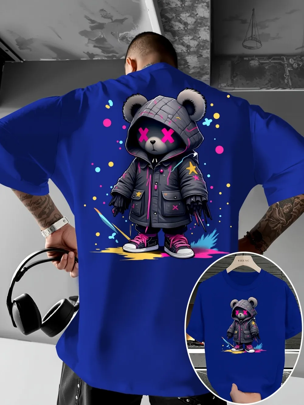 حار بيع الرجال الصيف أزياء جديدة تيدي بير طباعة لينة ومريحة جولة الرقبة تي شيرت في الهواء الطلق نمط الشارع أعلى