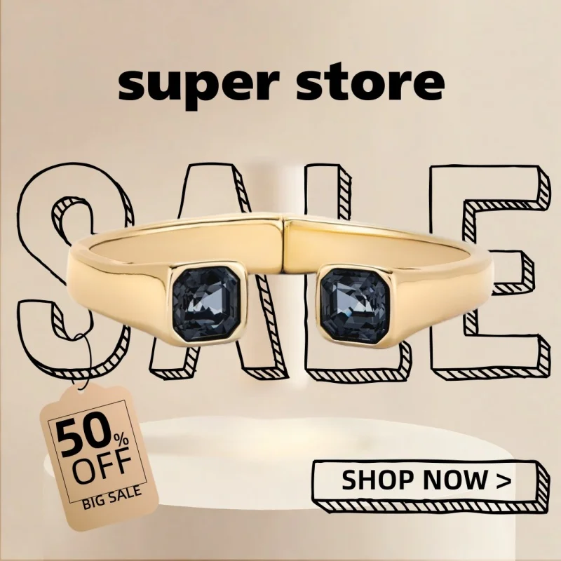 

2025 UHO Europe and America Original New Product Gold Symmetric Square Grey Crystal Open Bracelet Women's Festival Gift