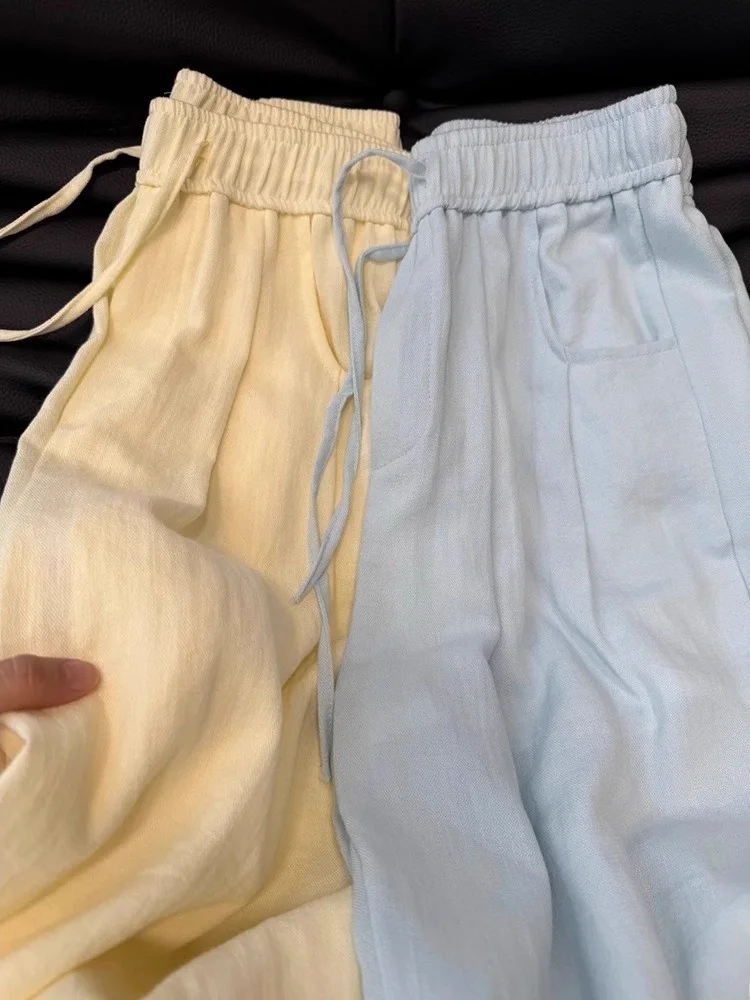 Pantalon ample à taille haute et jambes larges pour femmes, pantalon en lin jaune, été, décontracté, coupe droite, ample, taille haute, fluide, neuf pièces