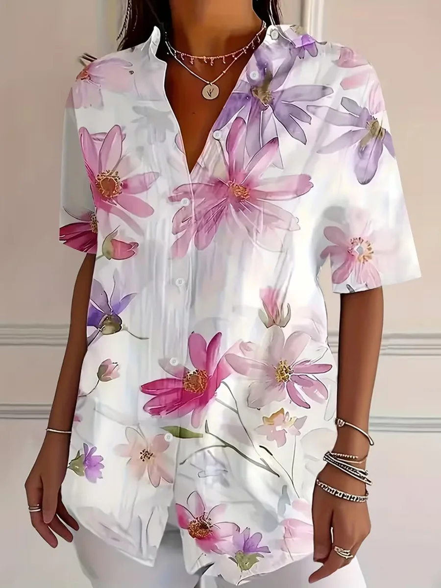 

Modigirl 2026 Women Floral Print Blouse women's casual dresses Lapel Short Sleeve Button Front Loose Casual Shirt Tops