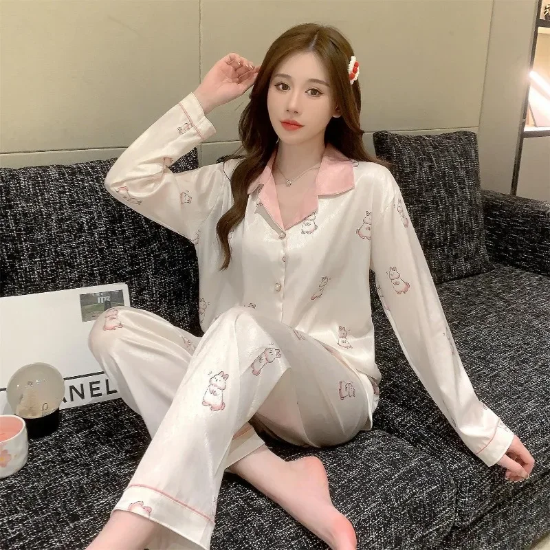 Spring Autumn Pajamas Women Ice Silk Long Sleeve Cardigan Homewear Suit Female Loose Comfortable Thin Breathable Nightclothes