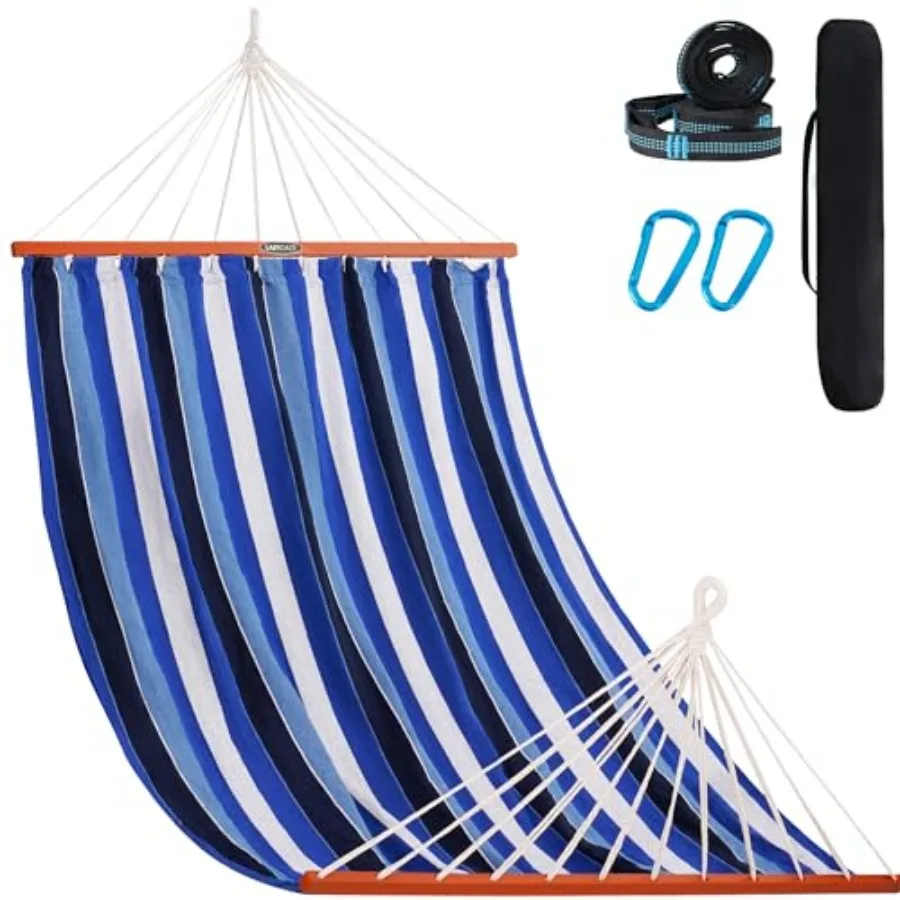 

Portable cotton fabric double hammock with 55 spreader bar, blue, 450lbs capacity, for patio backyard balcony camping