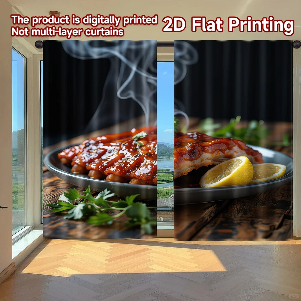 

2D flat printing 2pcs Drapes Steaming Barbecue Ribs Digital Printed Polyester Drapes Party Decorations for Art Party for Bedroom