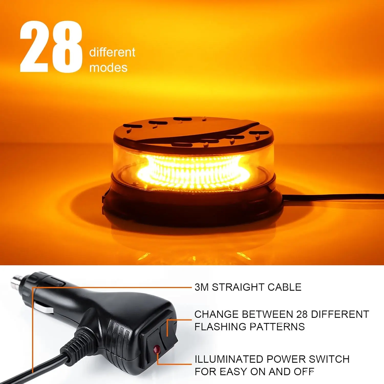 Flashing Beacon 12V-24V  Amber Strobe Lights LED Warning Light 23 Flash mode with Magnetic and 3 Meters Cable