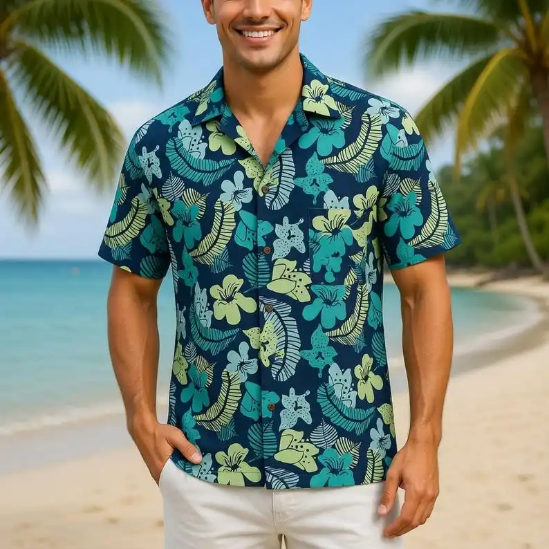 2026 Men's Green and Green Tropical Hibiscus Palm Leaves Hawaiian Shirt Family Outfit Vacation Beach Summer Outfit Mom and Dad