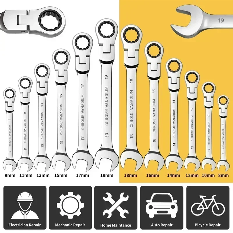 New 1pcs Ratcheting Combination Wrench Set, 8-17mm Metric Flex Head Ratcheting Wrench, Chrome Vanadium Steel Spanner with Bag