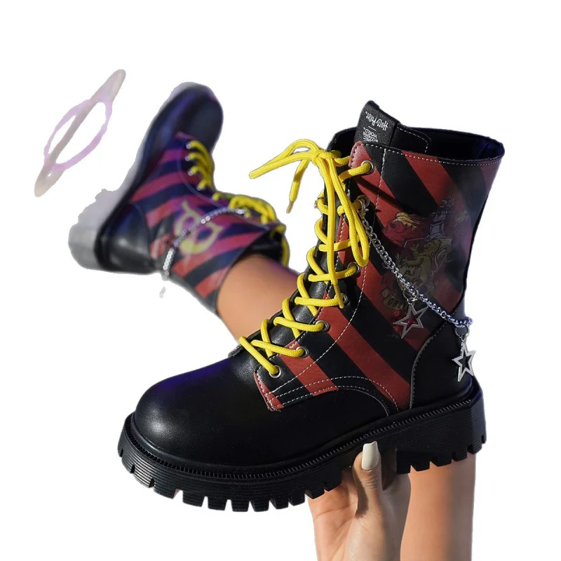 2025 فاسق دراجة نارية الأحذية للنساء القوطية ستار وسلسلة حذاء من الجلد أزياء من الدانتل متابعة منصة الأحذية أحذية مريحة #5