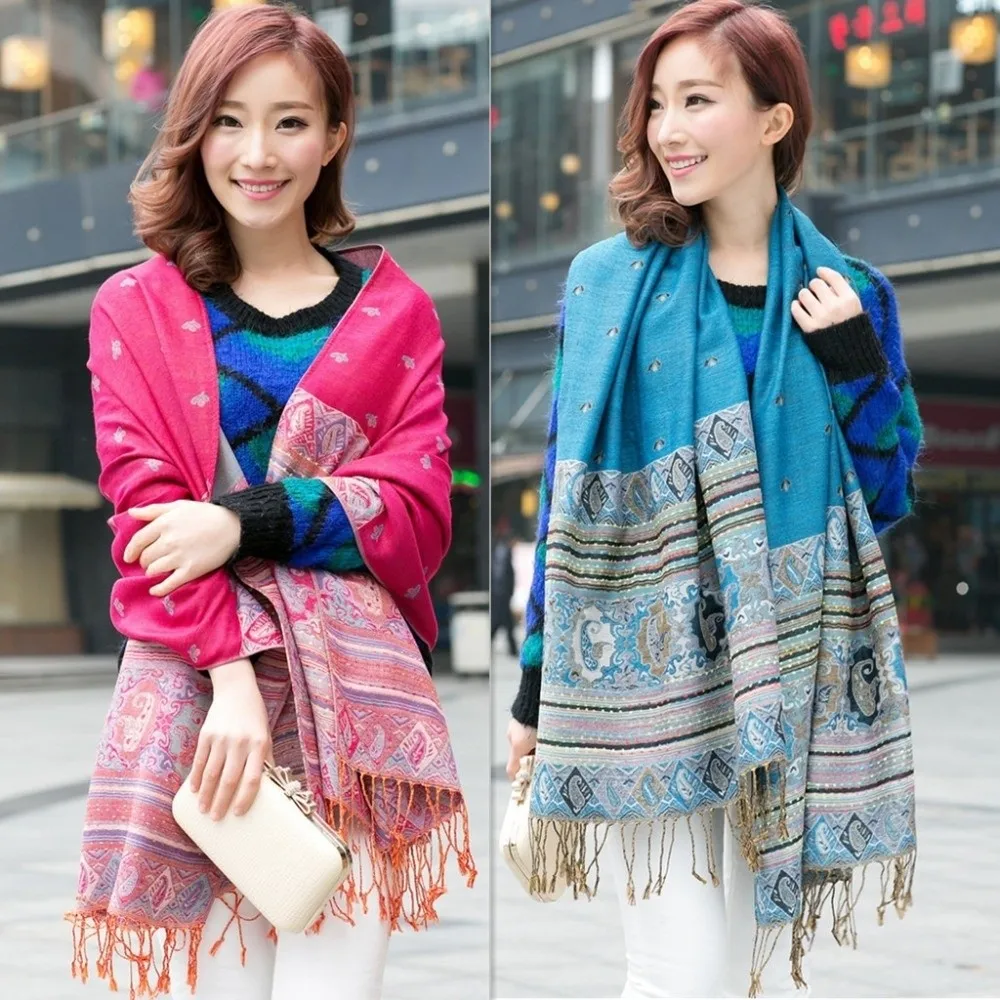Retro Long Cashew Jacquard Scarf Soft with Tassel Print Headscarf Polyester Shawls and Wraps