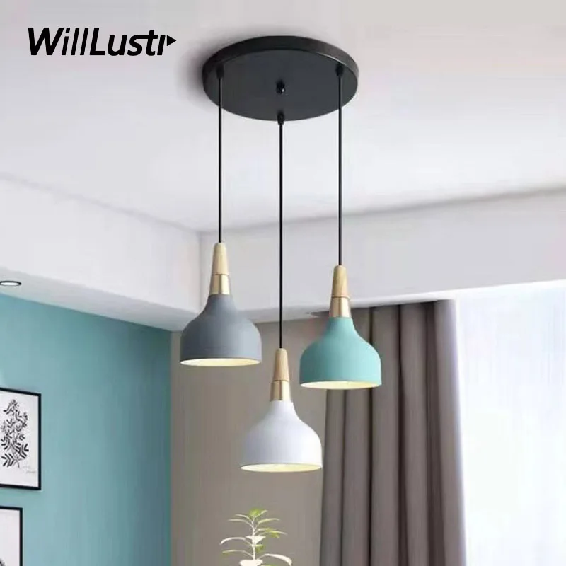 

Modern Metal Pendant Lamp Minimalist Macaron Color Suspension Light Hotel Store Bar Dinning Room Bedside Wood Hanging Lighting