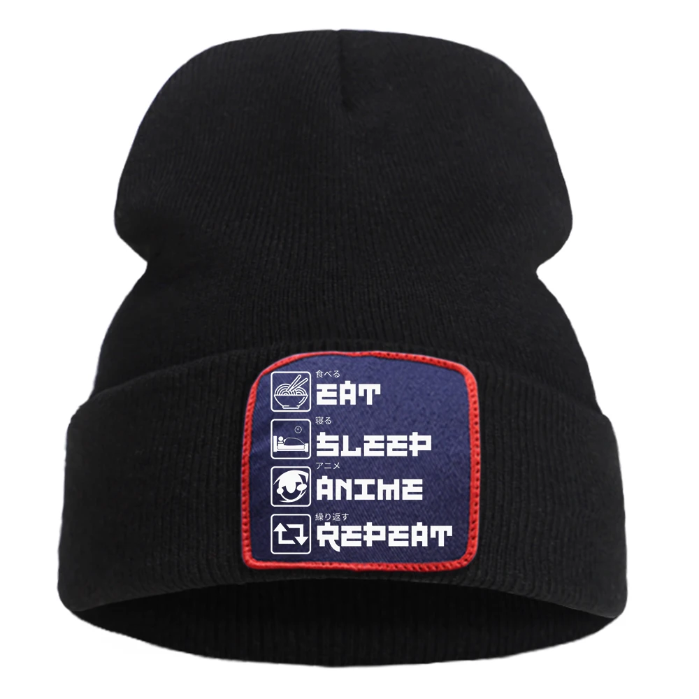 My Day Eat Sleep Anime Repeat Print Men Hat Street Creativity Knitted Caps Comfortable Simple All-math Hats Winter Female Bonnet