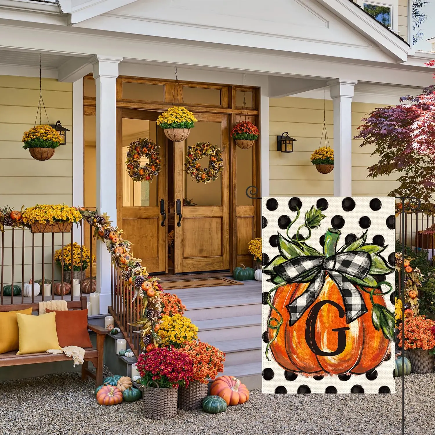 AVOIN colorlife Fall Monogram Letter G Garden Flag Polka Dot Pumpkin 12x18 Inch Double Sided Outside, Small Burlap Family La WWP