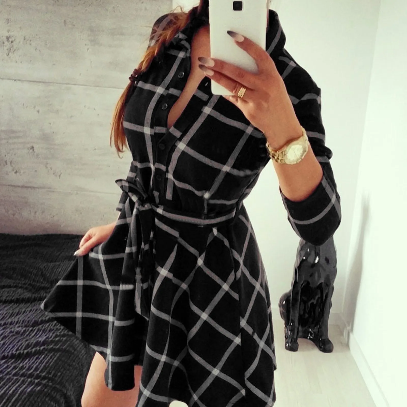 Women'S Checked Dress Autumn Winter Casual Fashion Plaid Fit Long Sleeve Bandage Shirt Dresses Slim Split Vestidos For Womens