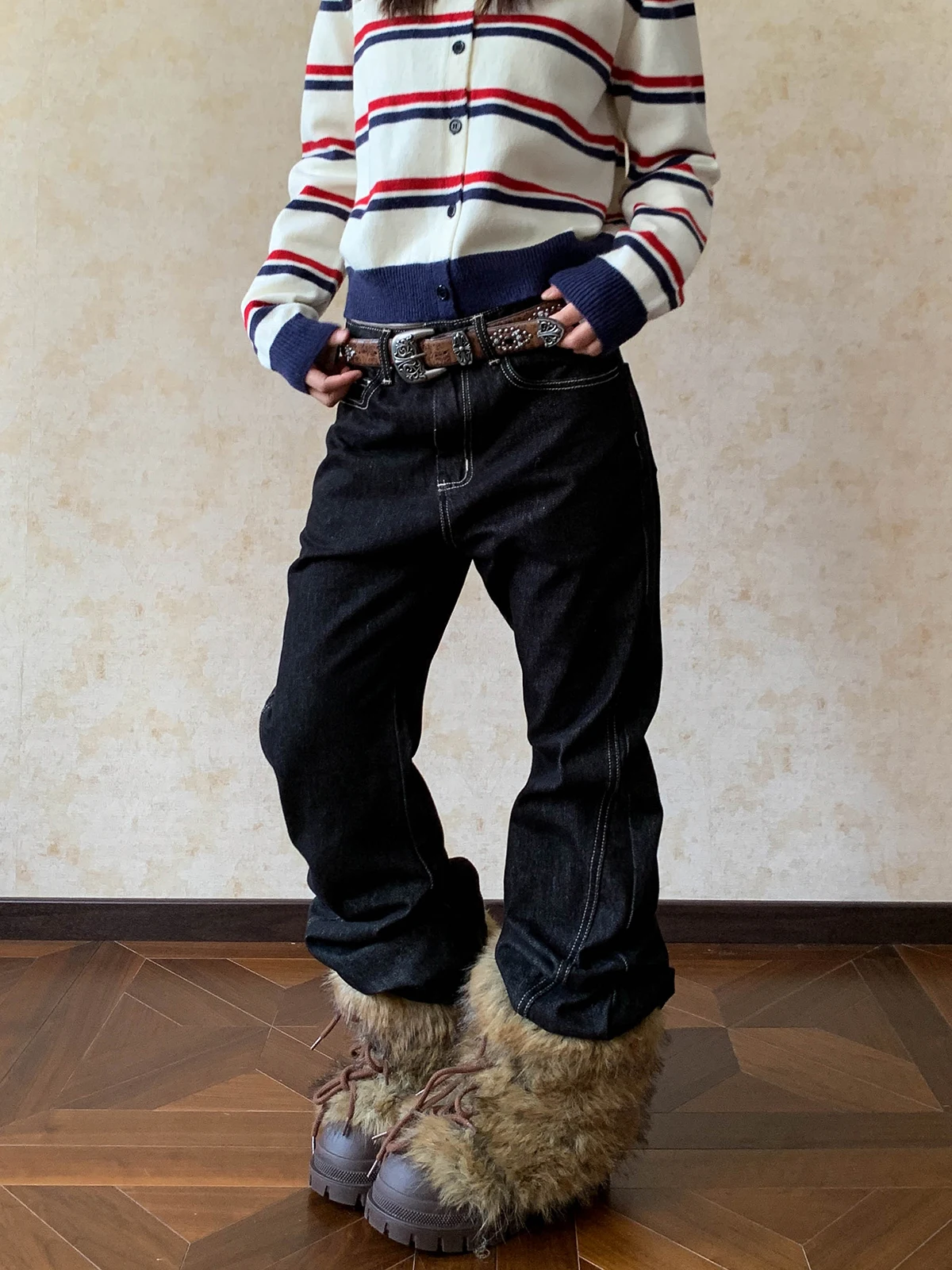 

Aket Американские расклешенные джинсы с вышивкой на талии, оригинальные черные прямые брюки для похудения, мешковатые брюки, женские хлопковые брюки в стиле ретро