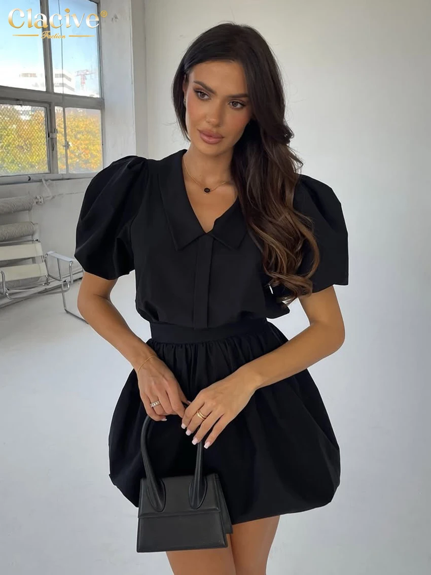 

Clacive Summer Loose Black Women's Two Pieces Set 2025 Fashion Short Sleeve Shirt With High Waist Pleated Mini Skirts Set Female