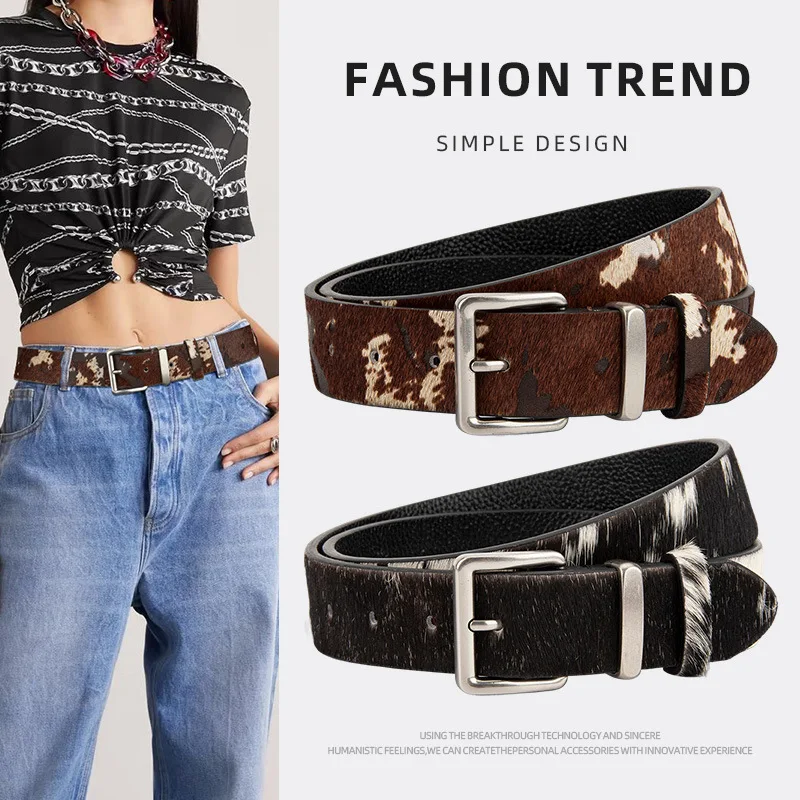 Trendy Retro Cow Print Genuine Leather Belt for Women Artistic Silver Buckle for Jeans