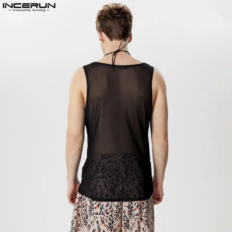 INCERUN 2024 Fashion Men Clothing Summer Tank Tops Sleeveless Mesh Transparent Tee Tops Sexy Chemise V Neck Solid Streetwear