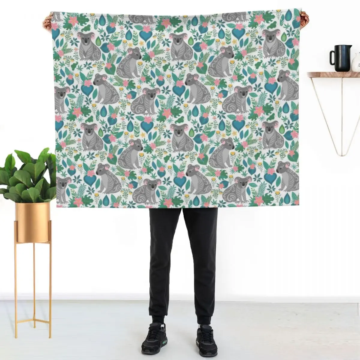 Cute gray koalas with ornaments, tropical flowers and leaves. Seamless tropical pattern. Throw Blanket Soft Big Blankets
