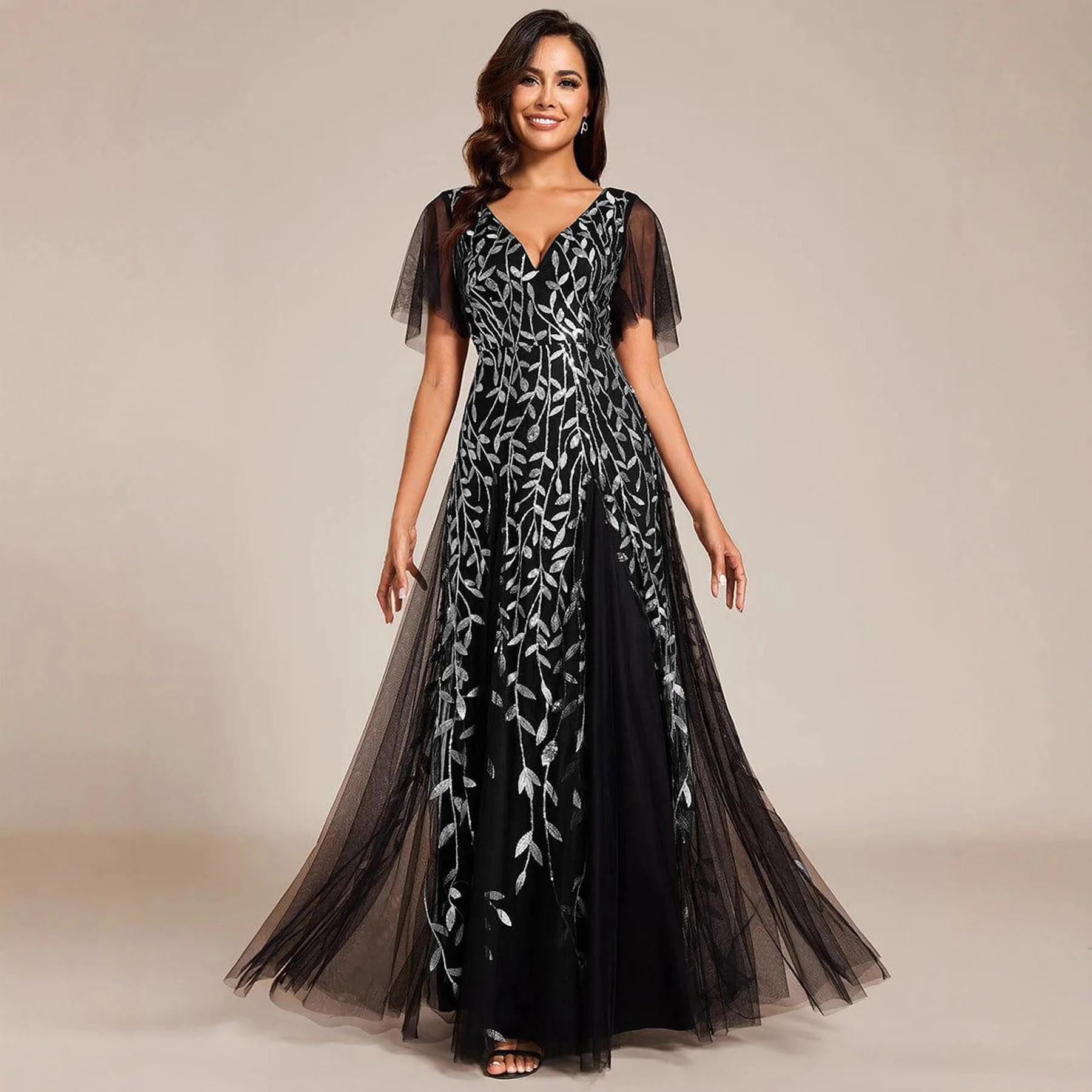 

Sexy V-Neck Mesh Banquet Dress for Women Sequin Floor Length Black Party Dress