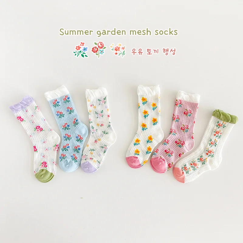 Chaussettes fines en coton et dentelle pour bébé, 3 paires, motif de fleurs, princesse, pour fille, collection printemps et été