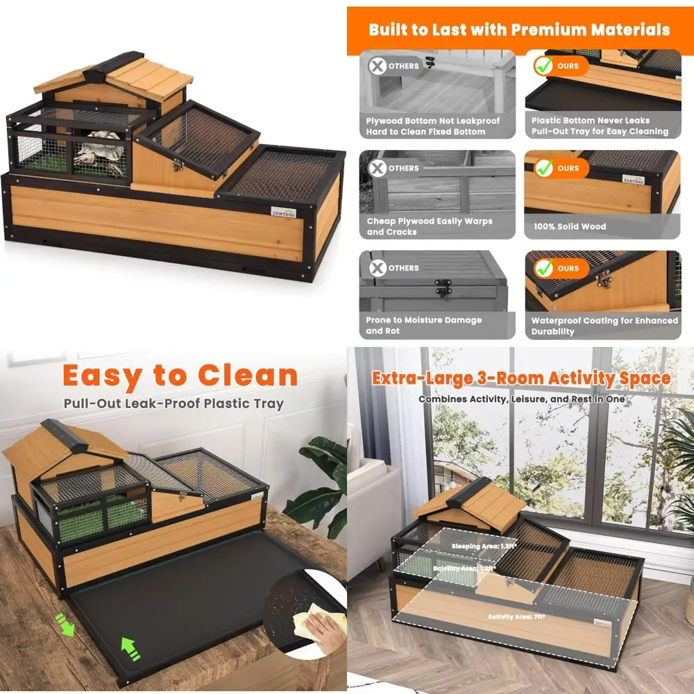

Large 3-Room Tortoise Habitat with Removable Tray, Indoor/Outdoor Wooden Enclosure, Ramp, Grass Mat, Open Roof for Reptile Comfo