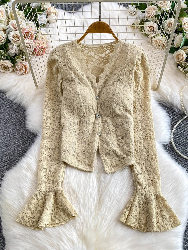 

Women Autumn Winter Gentle Style Velvet Lace Ribbon Breast Pad V-neck Cardigan Shirt Base Flared Sleeve Blouse Female Top BL267