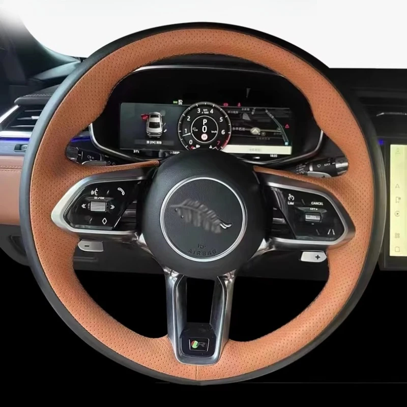 

Чехол на руль автомобиля из натуральной кожи черно-коричневого цвета, ручной работы, противоскользящий, износостойкий, для Jaguar XF, XJL, XE, F-PACE, F-TYPE