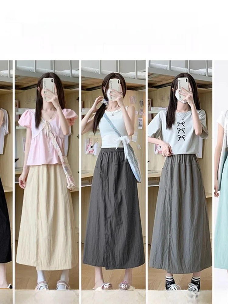 High Waist A-Line  Skirt Pants Summer New Arrival Women's Ice Silk Wide Leg Skirt Casual Pocket Multi-Functional Long Pants