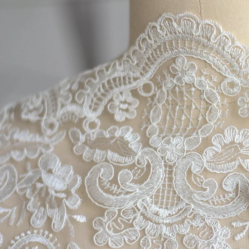 Delicate White Ivory Lace Cording Fabric, Flower, Venise, Venice, Mesh Lace Trim Applique, Sewing Craft for Wedding Decor, 36cm