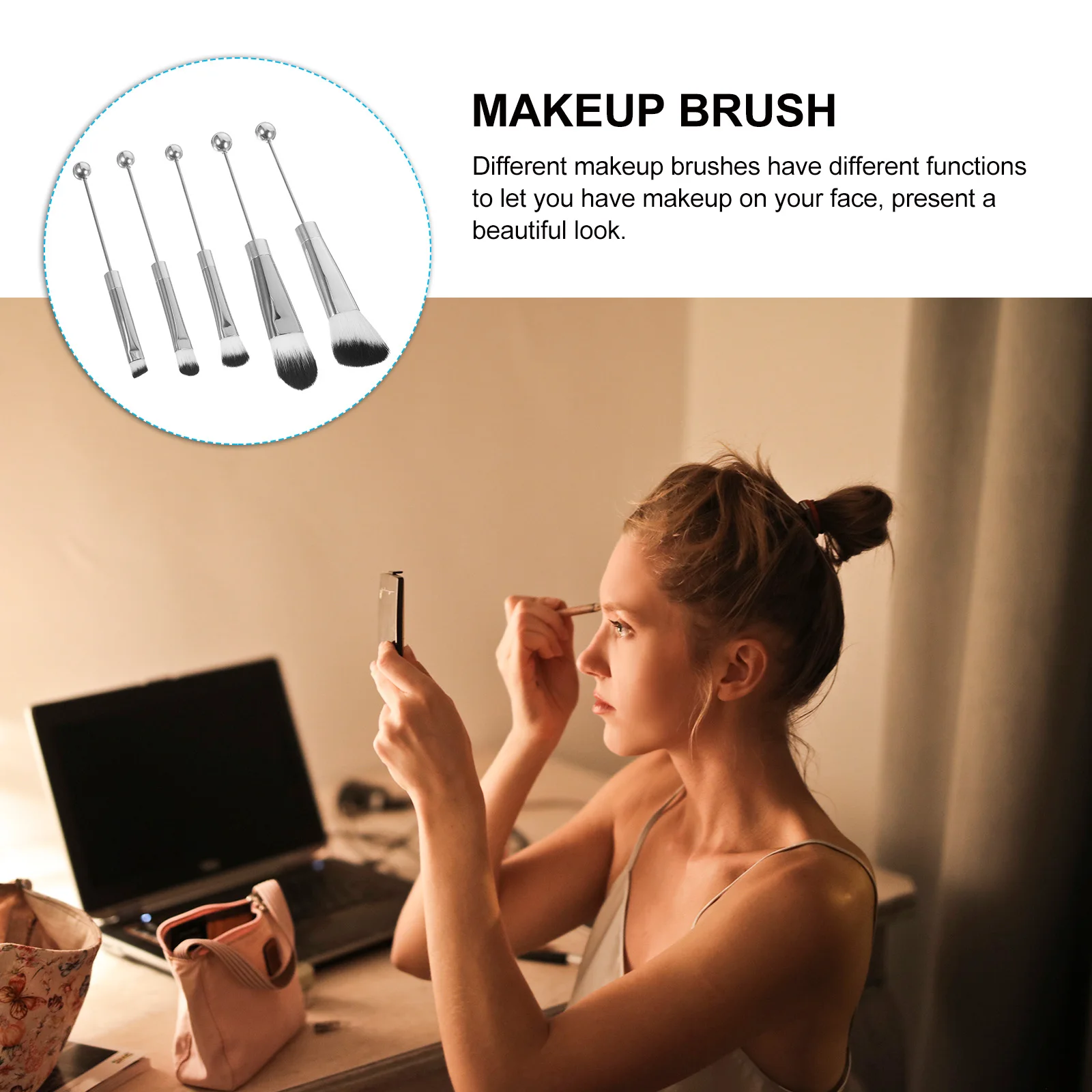 

5pcs Metal Handle Makeup Brush Set Silver Small Light Weight Blush Powder Eyeshadow Concealer Brush Women Family Friends