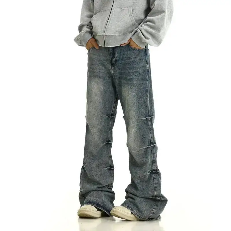 American High Street Washed Wrinkled Jeans Men's Fashion Straight Flared Long Pants 2026 Spring New 24WQD