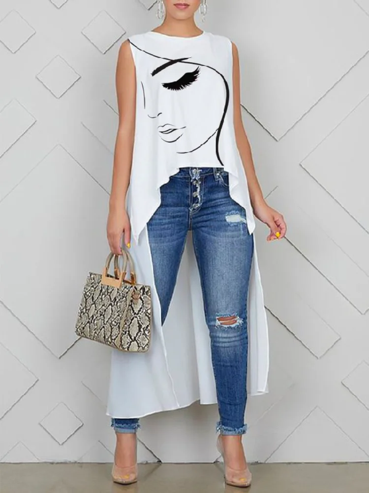 

Yeezzi Female Korean Fashion Figure Printed High-Low T-shirt 2023 Summer Sleeveless Casual Simple Round-Neck Vest Tops For Women