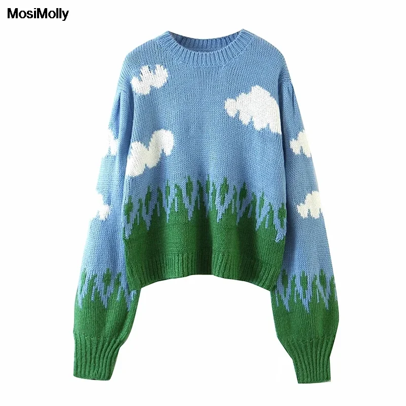 MosiMolly Autumn Winter Jacquard Sweater Jumper Pullovers Women Happy Crewneck sky clouds Knitted Sweater