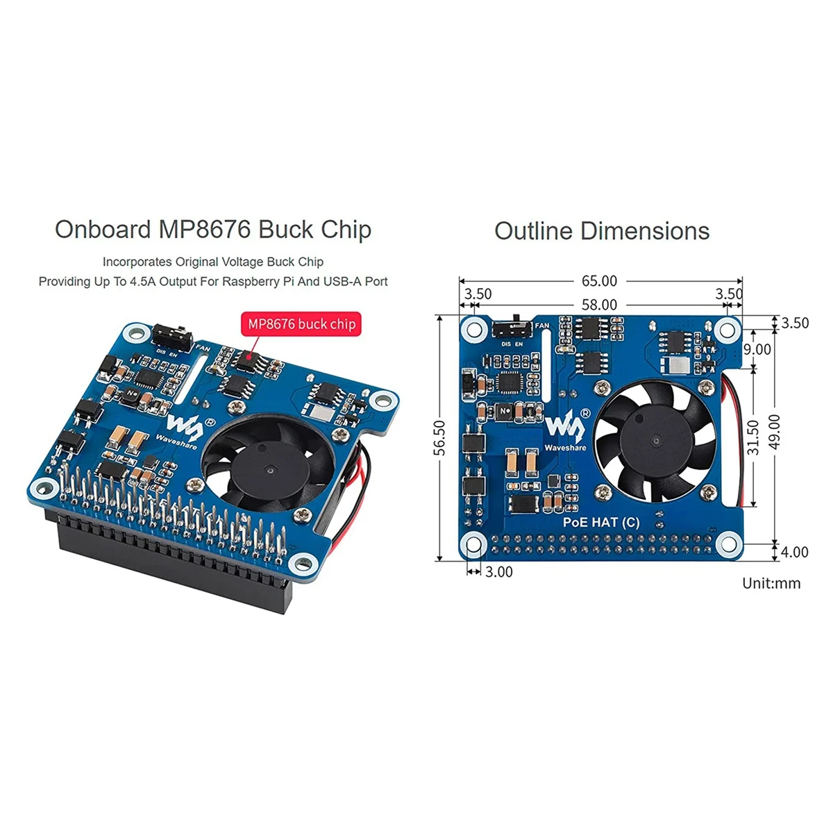 Waveshare POE HAT (C) per Raspberry Pi 4B/3B+, Power Over Ethernet HAT, supporto rete compatibile IEEE 802.3Af/At