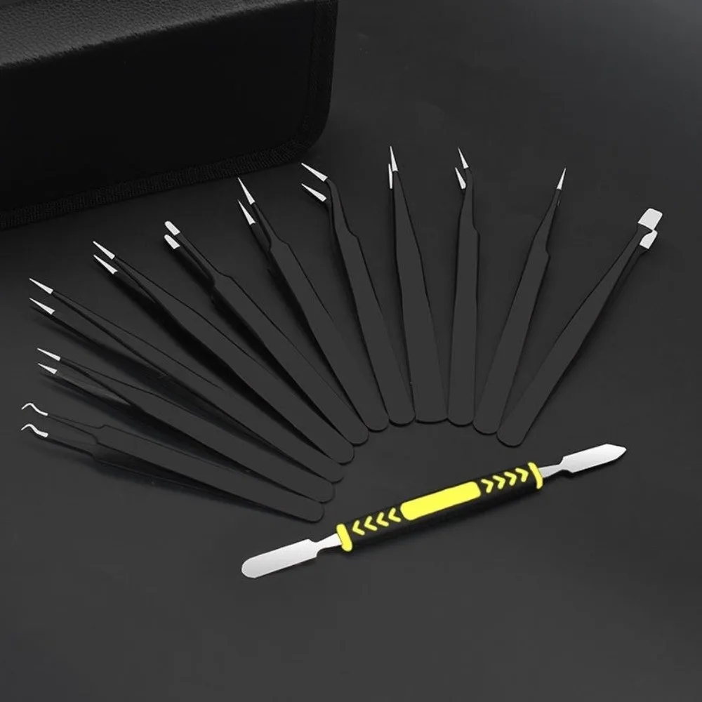 12 Pieces Set Non-Magnetic Material Precision Tweezers Set High Hardness Steel Stainless Steel Tweezers Kit