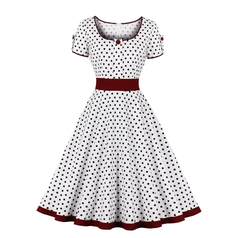 

Hepburn Vintage Summer Polka Dot Contrasting Dress 2024 New 1950s Square Collar High Waist Temperament Big Swing Fluffy Dresses