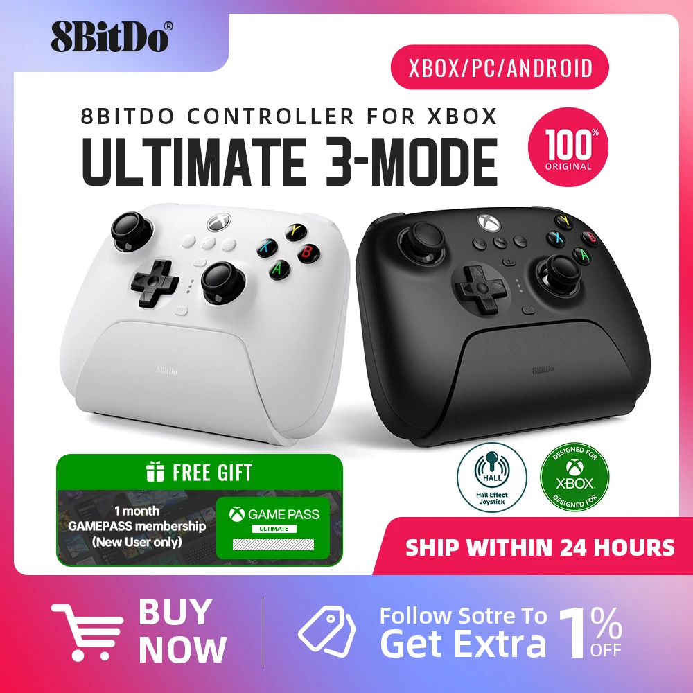 8BitDo Ultimate 3-mode Controller Gamepad with Hall Effect Joysticks for Xbox Series X S, Xbox One, PC Windows 10 11 and Android